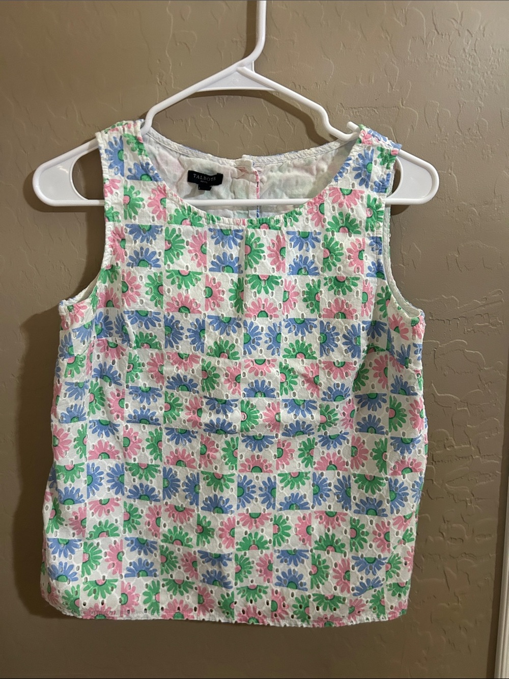 Talbots Floral Check Button-Back Shell in Pink, Blue & Green